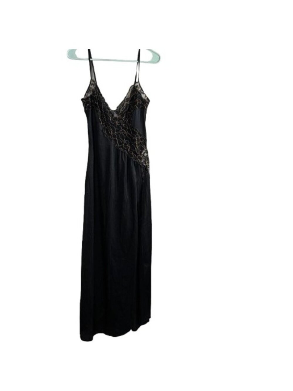 VTG Y2K Colesce Collection Black Liquid Nylon Maxi Slip Dress Gold Lace Small